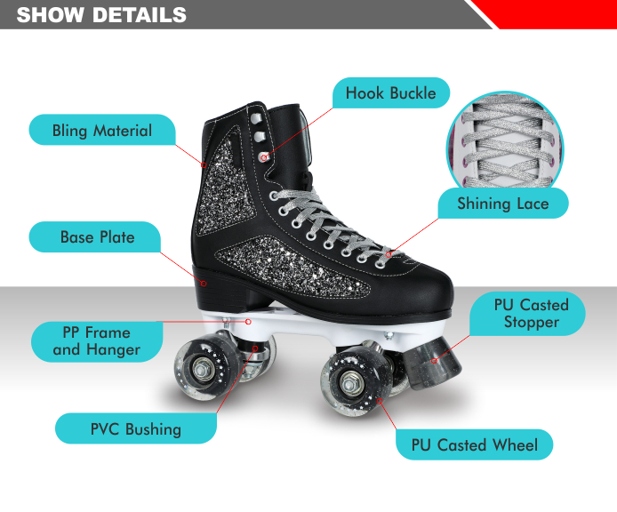HARD BOOT ADULT QUAD ROLLER SKATE WITH GLITTER MATERIAL 